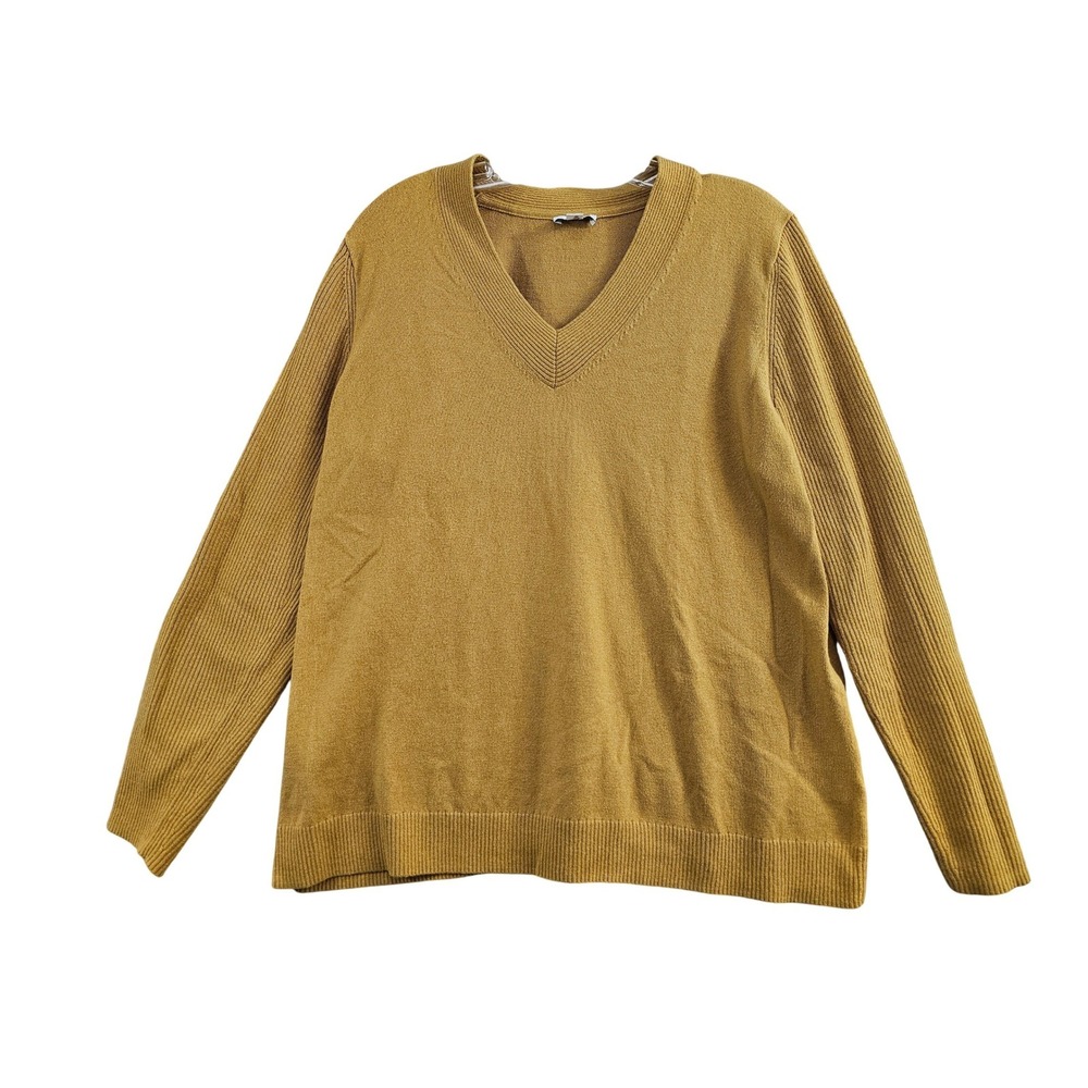 J Jill V-Neck Sweater Women L Gold Ribbed Sleeve Cotton Blend Earthy Knit Comfy